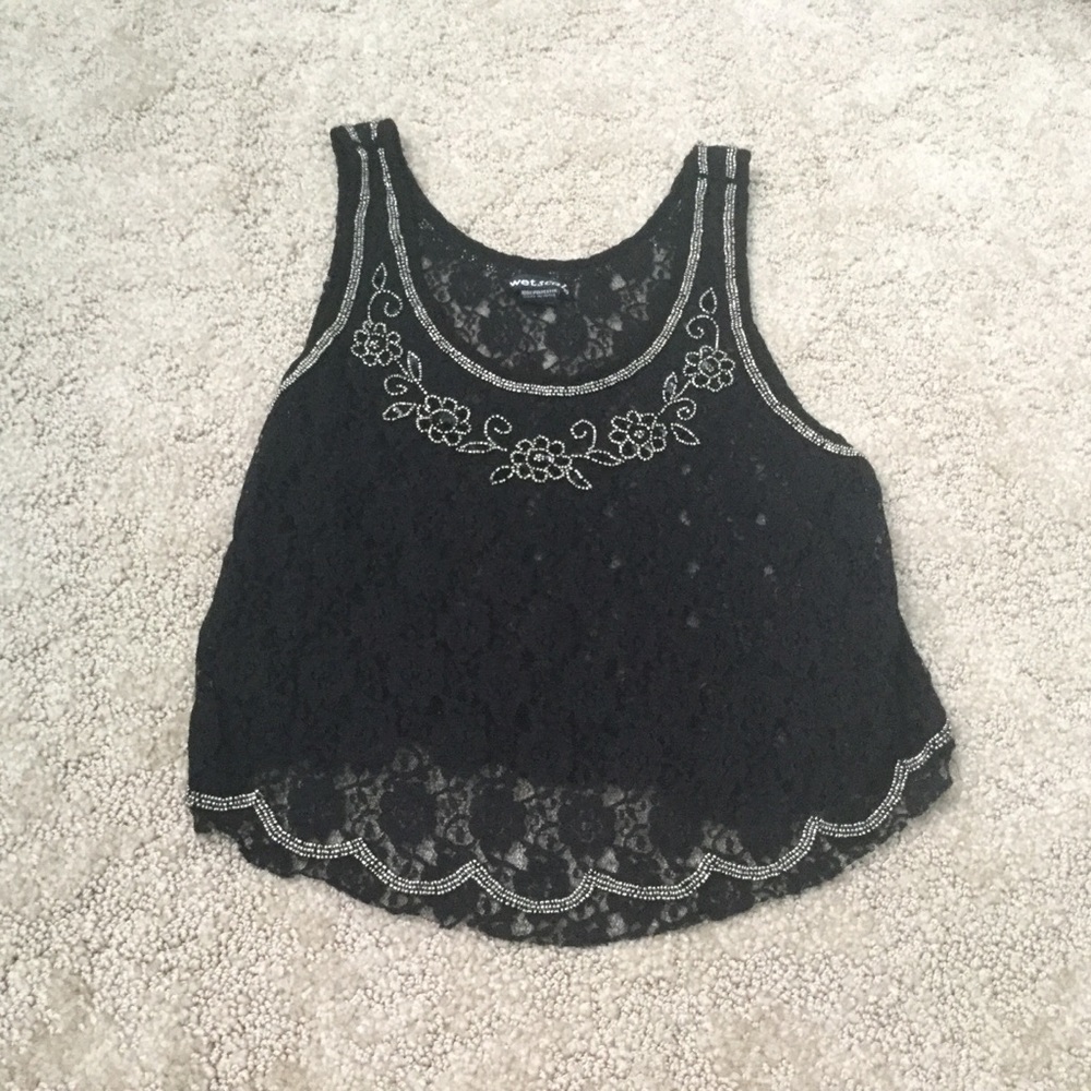 Wet Seal Black, Silver Beaded Floral Lace See Through Tank Size XL Party Formal